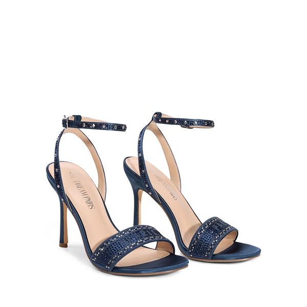 Minimalist Ankle Strap Stiletto Heel Sandals - NAVY-RHINESTONE - 4